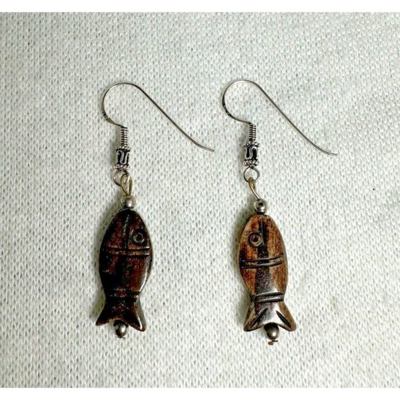 Carved Fish Dangle Earrings - Sterling Ear Hooks - 2 1/4" - Picture 6 of 6